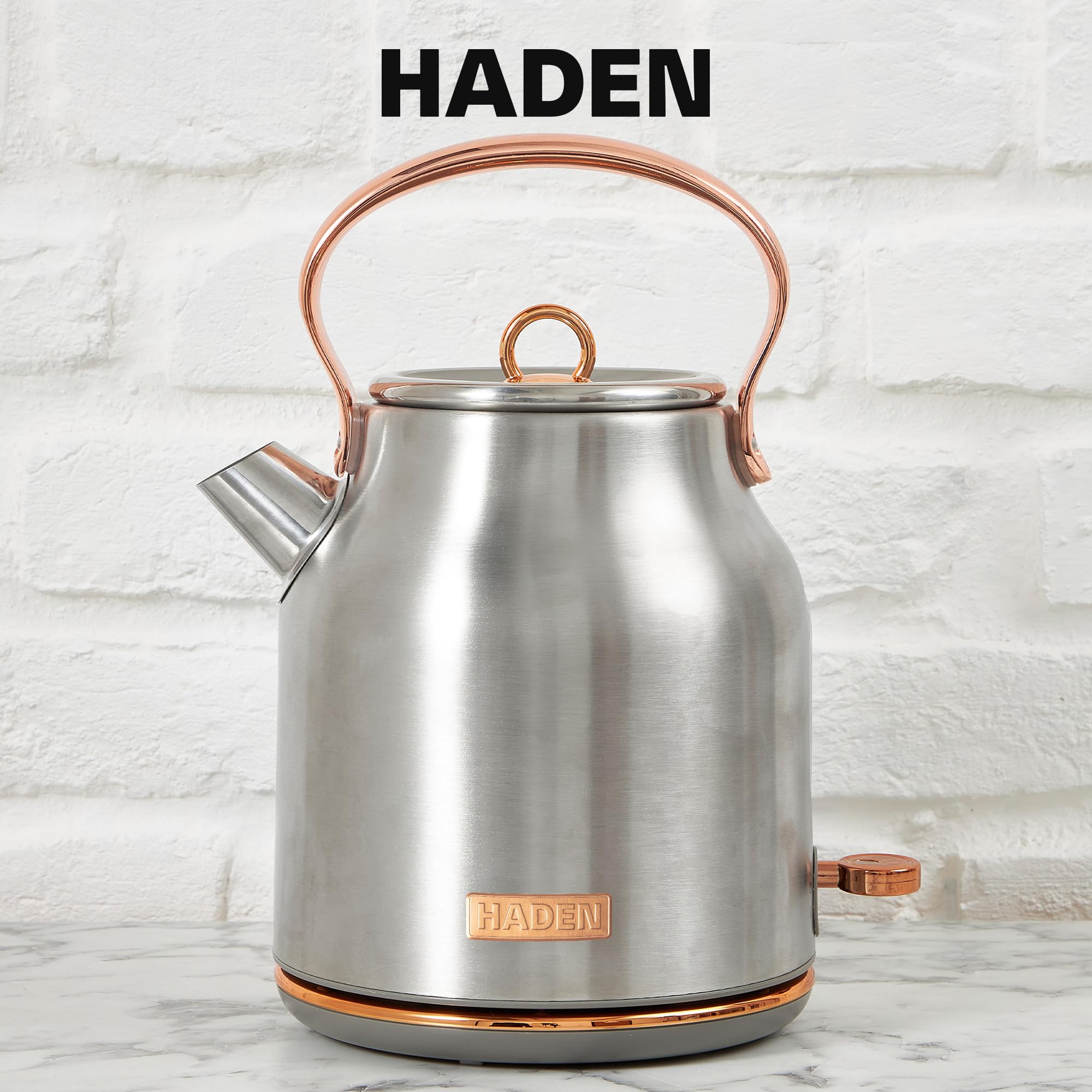 Haden Heritage 4 Slice Wide Slot Stainless Steel Toaster Bundled with 1.7 Liter Stainless Steel Electric Water Kettle, Steel & Copper