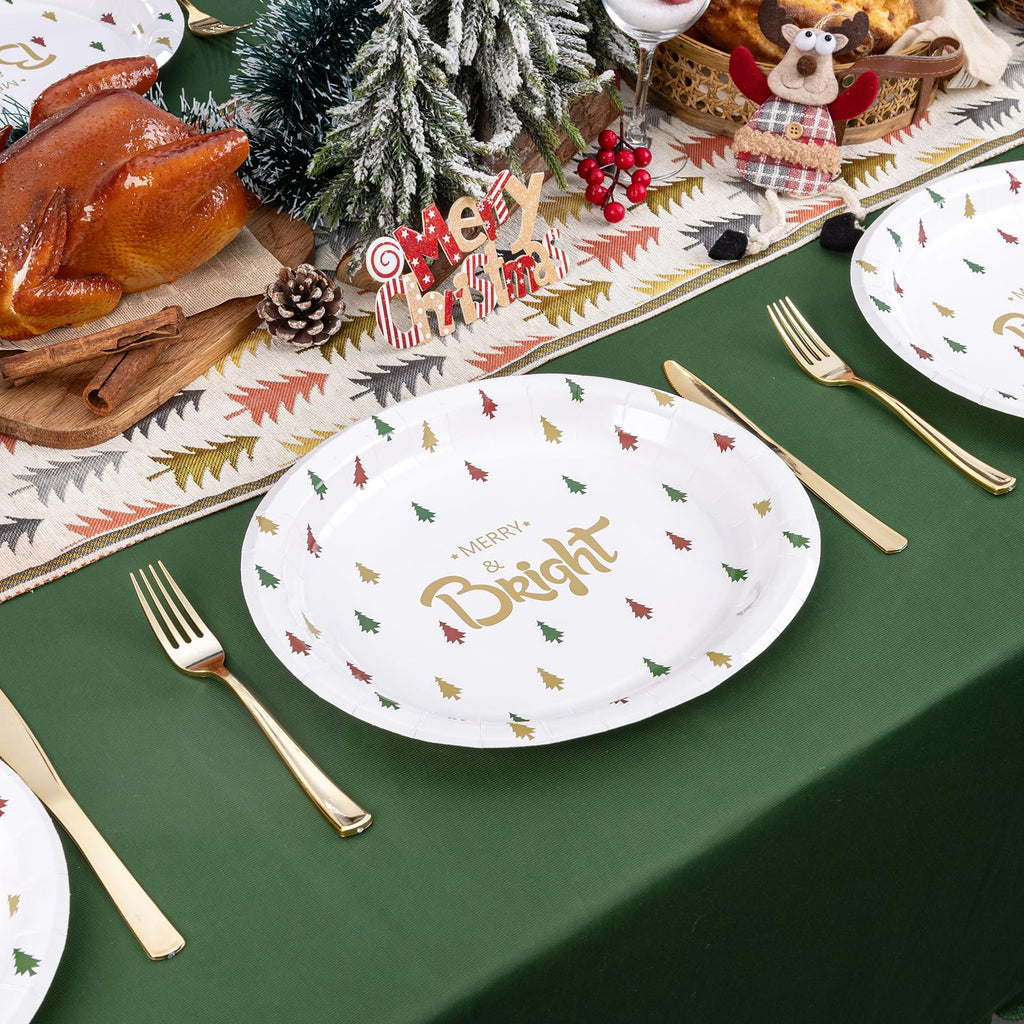 WDF 100 Pack Christmas Paper Plates - 10" x 12"Disposable Christmas Plates Disposable with Christmas Trees-Large Oval Paper Plates Heavy Duty- Party Plates for Christmas