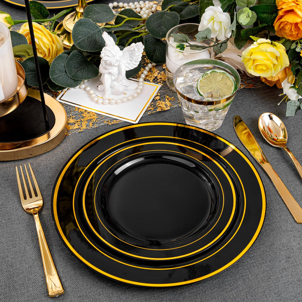 bUCLA 150 Pieces Black and Gold Disposable Dinnerware Set - 25 Guests Black Gold Plastic Plates Include 25 Dinner & 25 Dessert Plates, 25 Spoons, 25 Forks, 25 Knives, 25 Cups for Party & Graduation