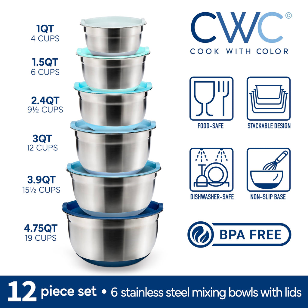 COOK WITH COLOR Stainless Steel Mixing Bowls Set with Lids - Nesting Bowls with Non-Slip Bottom, Blue, 12 Pieces