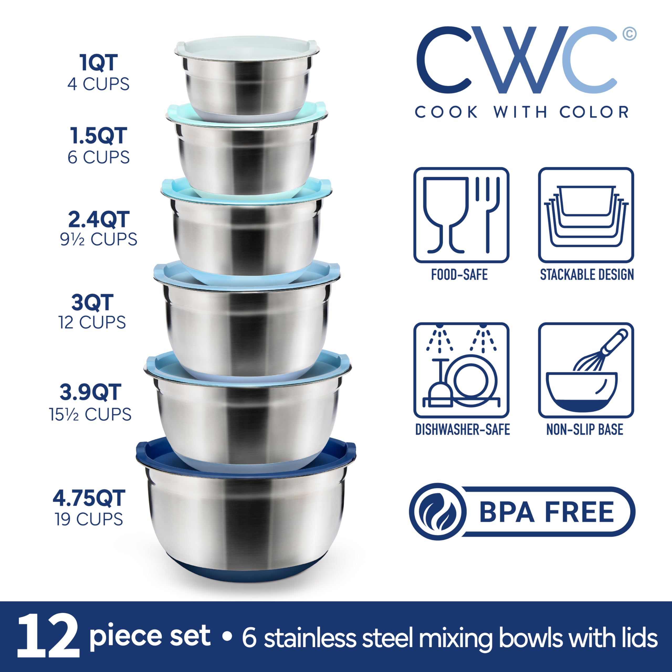 COOK WITH COLOR Stainless Steel Mixing Bowls Set with Lids - Nesting Bowls with Non-Slip Bottom, Blue, 12 Pieces