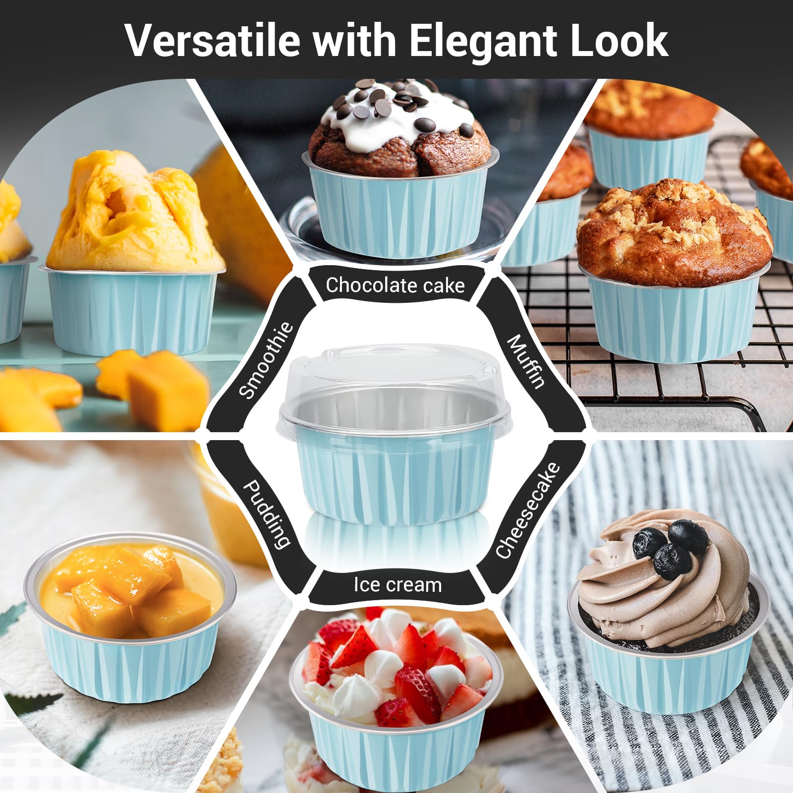 EUSOAR Cake Baking Cups, 100pcs 5oz 125ml Muffin Liners Cups with Lids Disposable Foil Ramekins, Aluminum Cupcake liners Foil Creme Brulee Baking Cups Pudding Cups Holders Pans Oven Safe