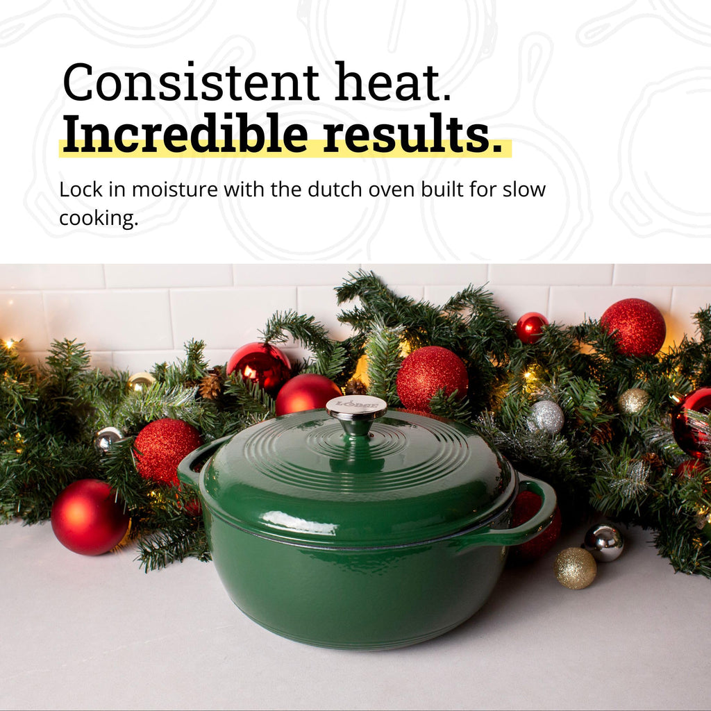Lodge Essential Enamel Cast Iron Dutch Oven 6 Quarts - Perfect for Bread Baking, Braising, Marinating & Slow Cooking, Features Moisture-Sealing Lid & Dual Handles, Kitchen Essentials, Evergreen