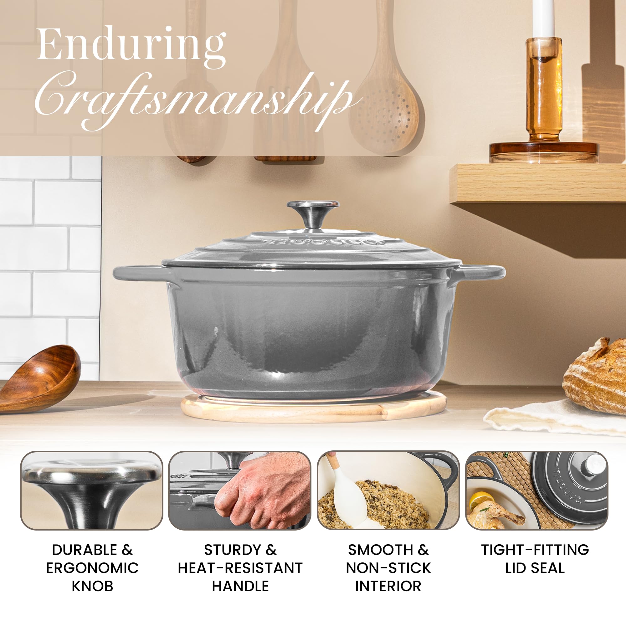 Cast Iron Pot with Lid-Non-Stick Ovenproof Enamelled Casserole Pot, Oven Safe up to 500° F-Sturdy Dutch Oven Cookware - Grey, 5-Quart, 24cm-by Nuovva