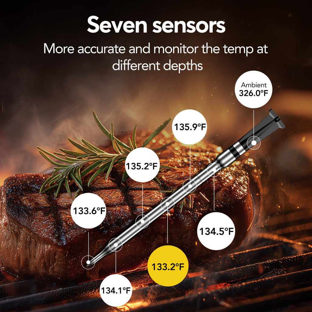 BBQOVN WiFi Sub-1G Wireless Meat Thermometer Unlimited Range, Check Temp Anywhere,7 NIST Certified Sensors with Ambient Temp, Monitor for BBQ, Grill, Oven, Smoker, Air Fryer (Harvest Bamboo)