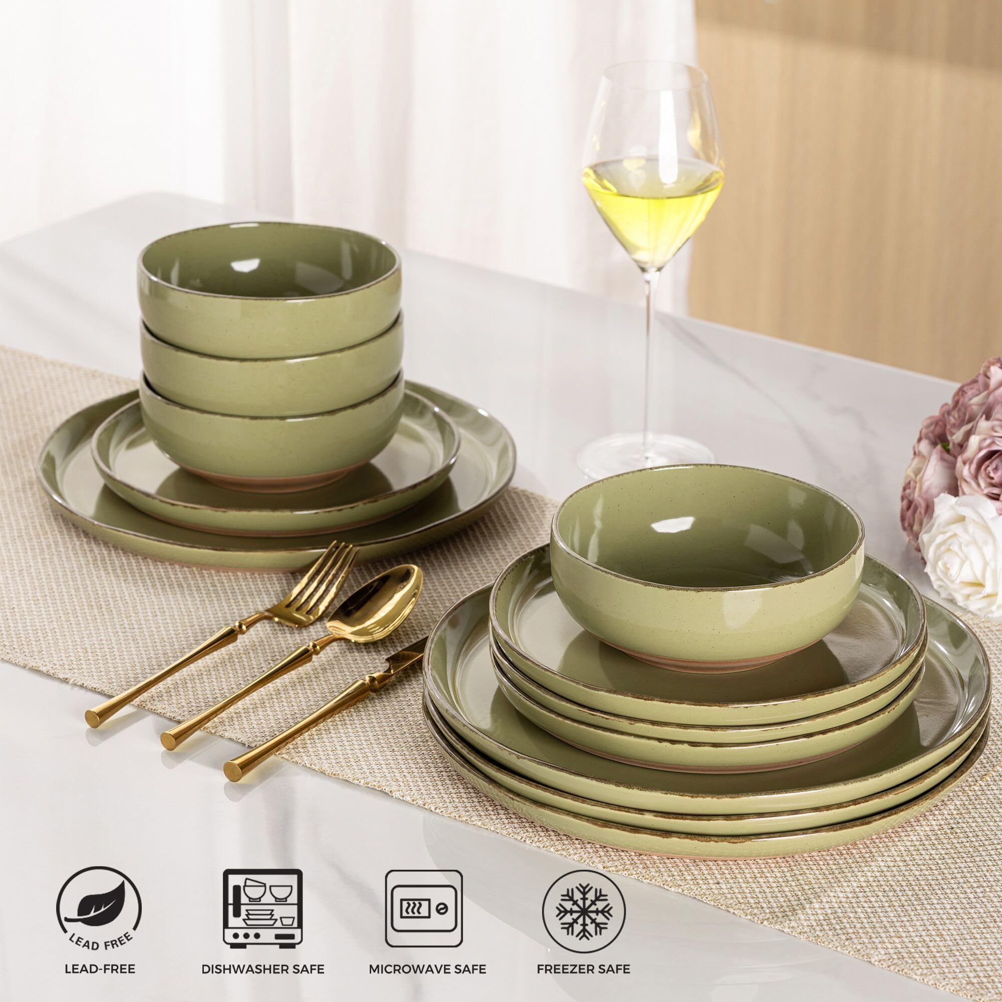 AmorArc Dinnerware Sets for 4, 12 Pieces Ceramic Plates and Bowls Set