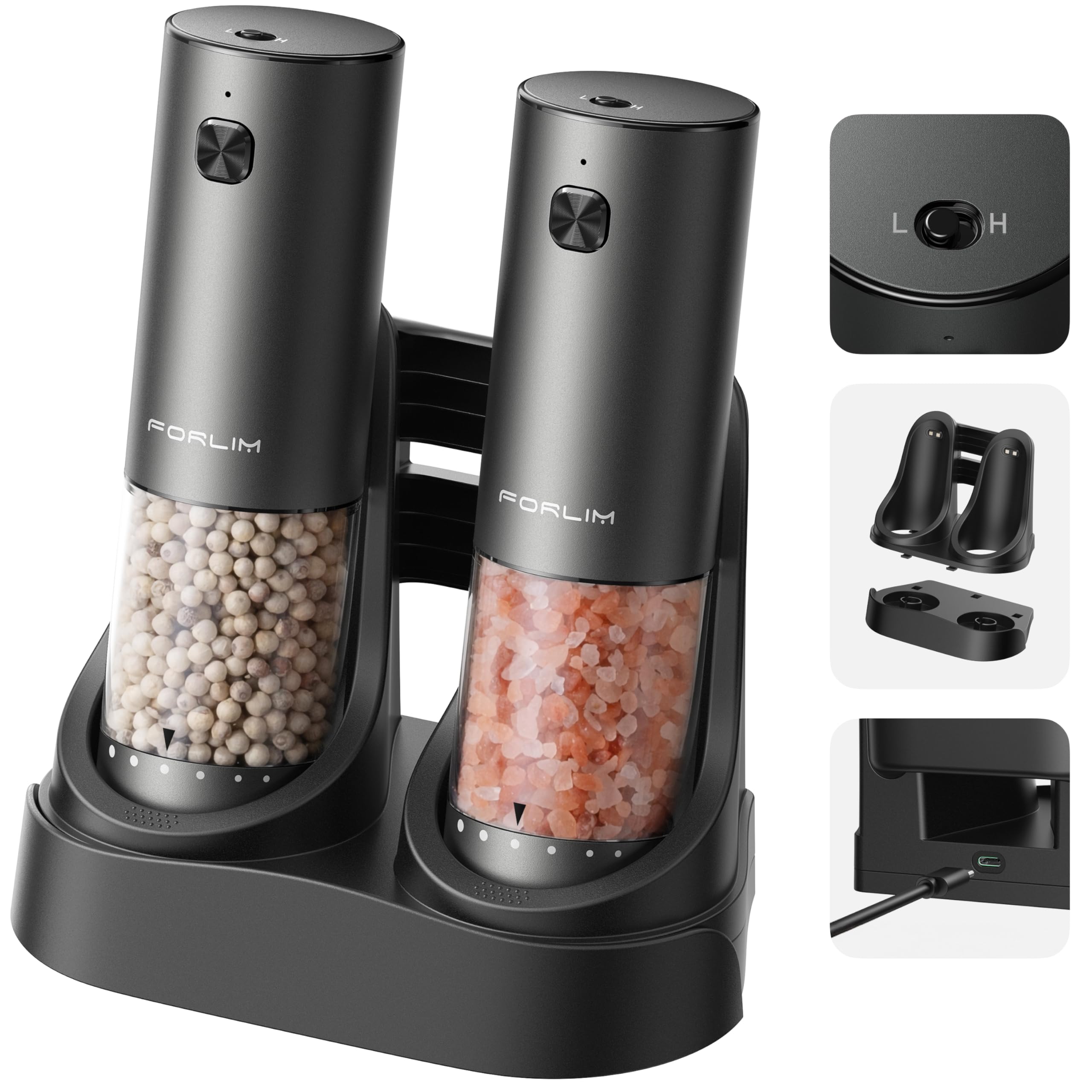 FORLIM 2-Speed Electric Salt And Pepper Grinder Set, External Rotation To Adjust Coarseness, Electric Salt and Pepper Shaker With Charing Base, One-Button Automatic Grinding, Washable Container