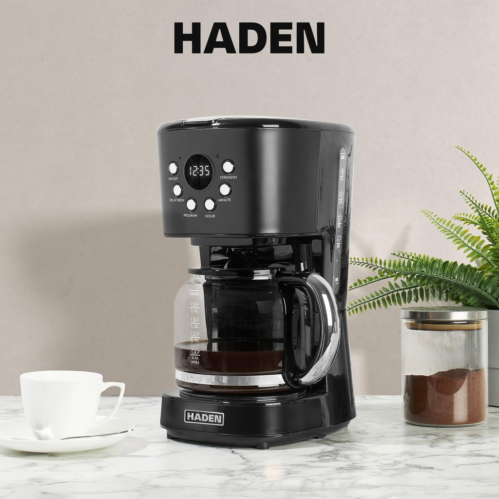 HADEN Heritage 4 Slice Wide Slot Stainless Steel Toaster Bundled with 12 Cup Programmable Drip Coffee Maker Coffee Machine, Black & Chrome