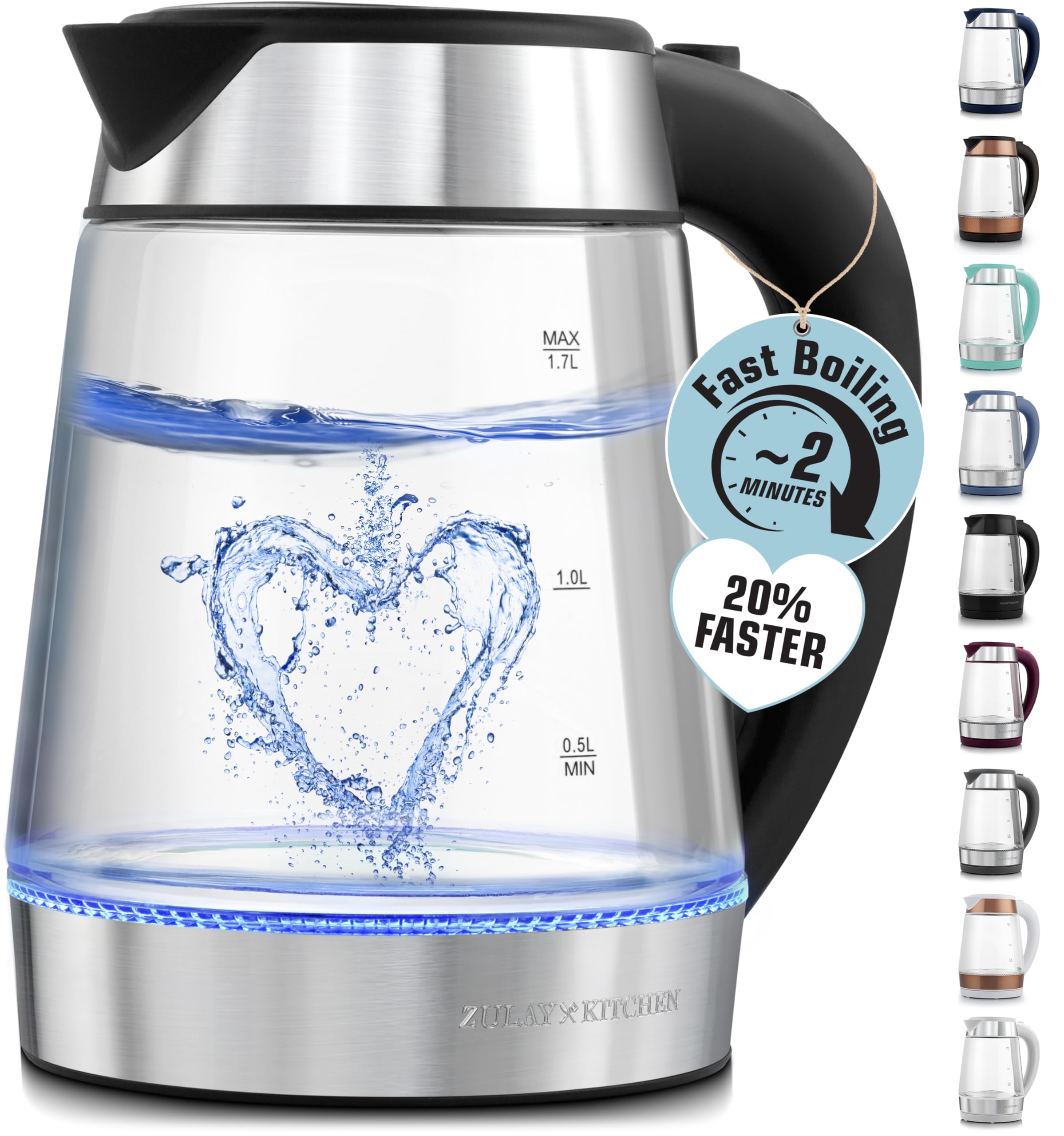 Zulay Kitchen Fast-Boiling Electric Kettle - 1.7L Hot Water Kettle 1500W With Auto Shut-Off - Water Boiler For Coffee & Tea - Boil-Dry Protection, Cool-Touch Handle, 360° Base - Black