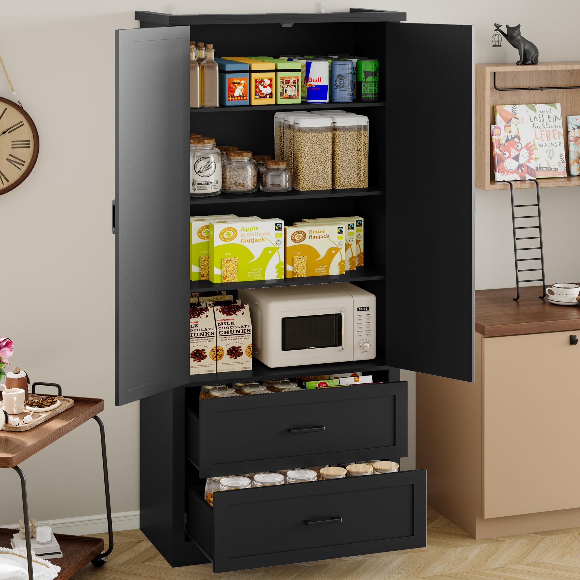 BORNOON Pantry Organizers and Storage Cabinet, 71” Barn Door White Kitchen Cabinet with Drawers and Adjustable Shelf, Tall Pantry for Kitchen, Dining Room, Living Room. Bathroom and Office