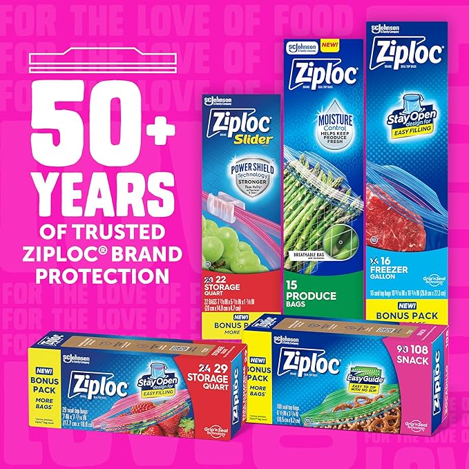 Ziploc Gallon Food Storage Bags, Stay Open Design with Stand-Up Bottom, Easy to Fill, 96 Count (Packaging May Vary)