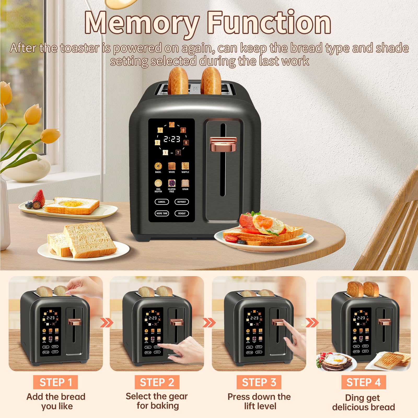 SEEDEEM Touchscreen Toaster 2 Slice, 7 Shade, Stainless, 1350W Dark Metallic