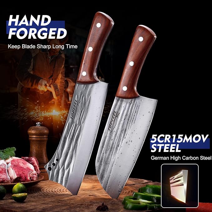 2PCS Meat Cleaver & Heavy Duty Bone Chopper Knife Set, Hand Forged German High Carbon Stainless Steel Butcher Knife for Home Kitchen & Outdoor