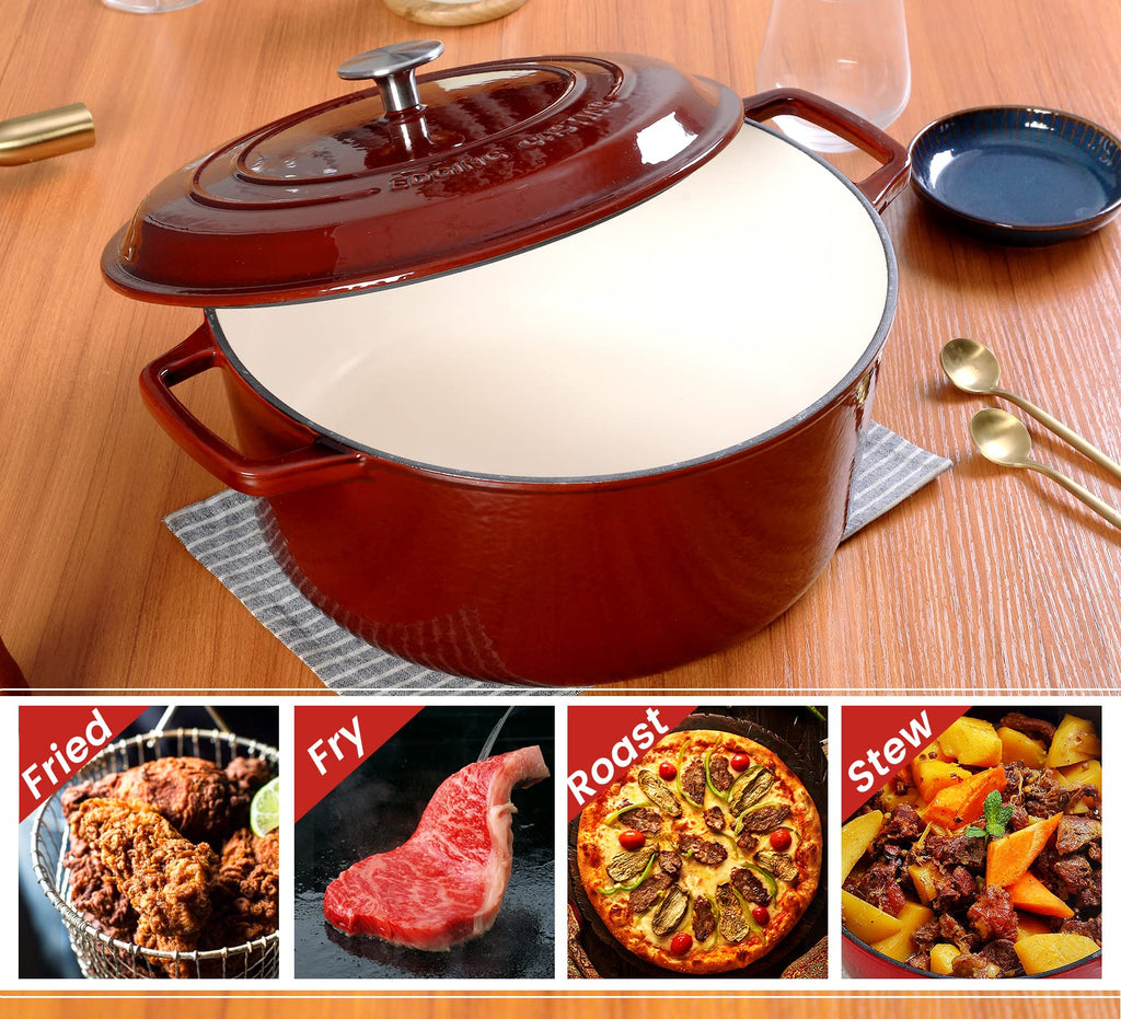 EDGING CASTING Enameled Cast Iron Dutch Oven Pot With Lid, Dutch Oven for Sourdough Bread Baking Round Pot Dule Handle, 6 Quart, Wine Red