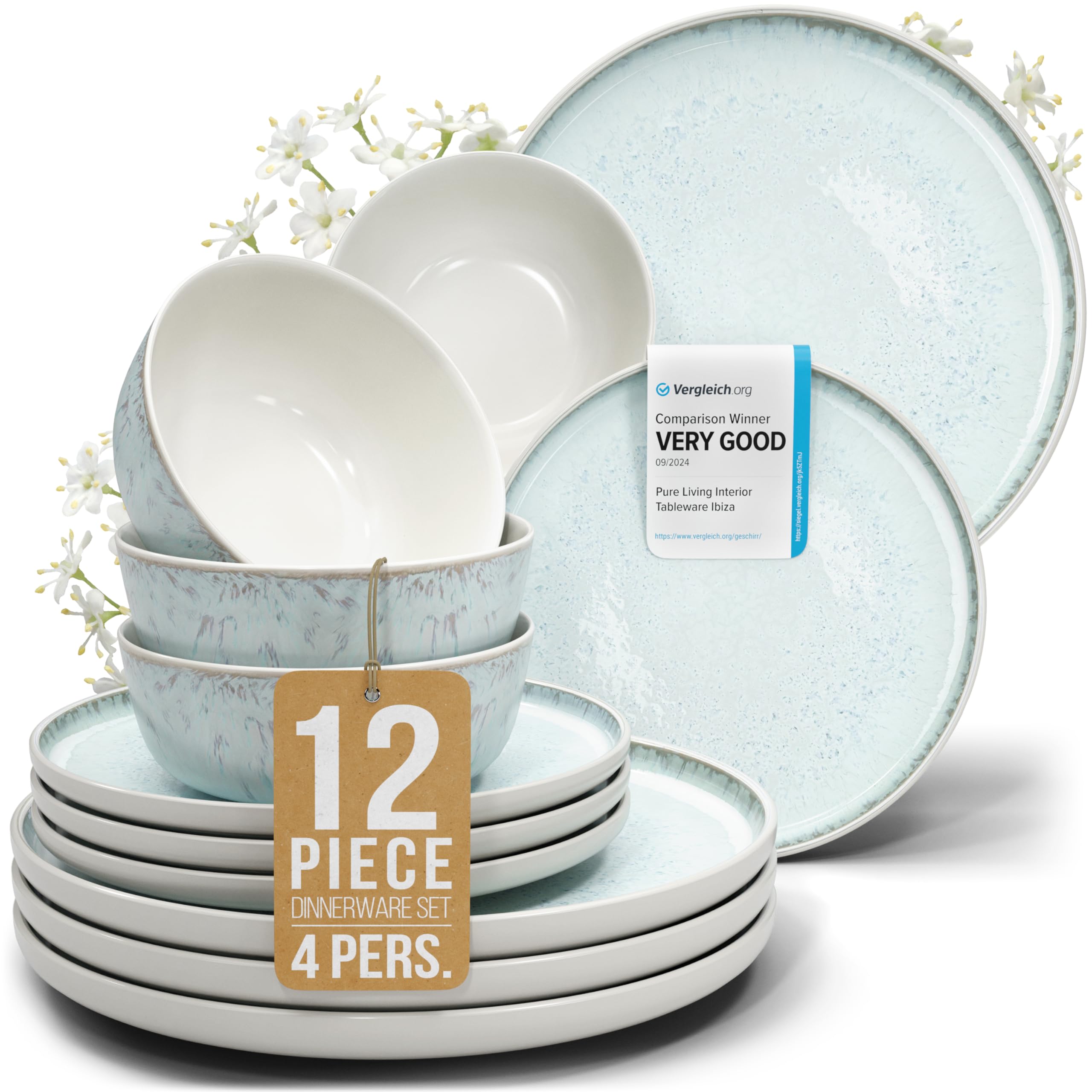 12 Piece Stoneware Dinnerware Set for 4 - Handmade Reactive Glaze Plates and Bowls Set - Chip & Scratch Resistant Dish Set - Dishwasher Microwave Safe - Light Beige & Blue