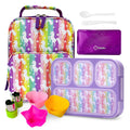 kinsho Bento Lunch Box with Insulated Bag, Ice Pack and Accessories for Girls. Snack Containers with 4 Compartment Dividers for Toddlers Pre-School Daycare BPA Free Set, Utensils, Rainbow Unicorn