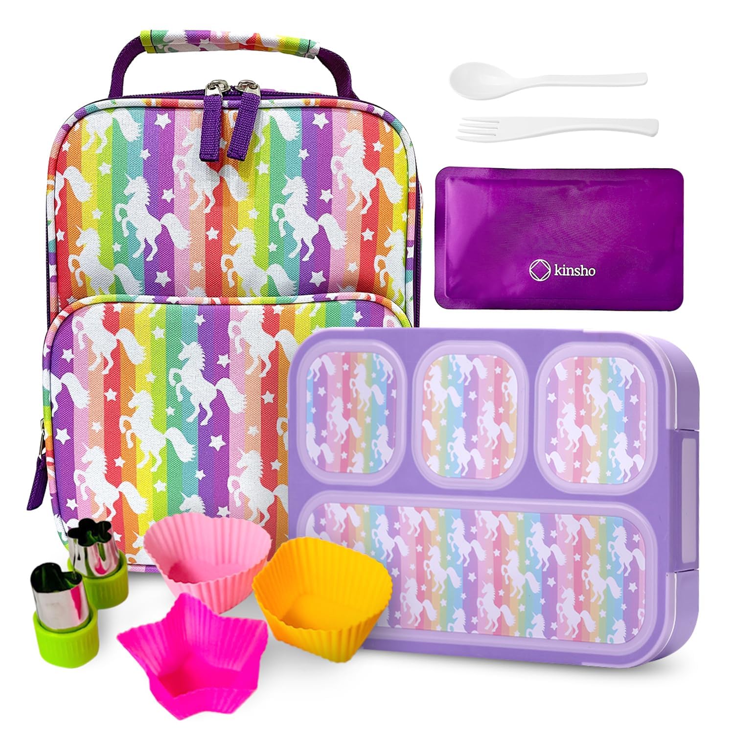 kinsho Bento Lunch Box with Insulated Bag, Ice Pack and Accessories for Girls. Snack Containers with 4 Compartment Dividers for Toddlers Pre-School Daycare BPA Free Set, Utensils, Rainbow Unicorn
