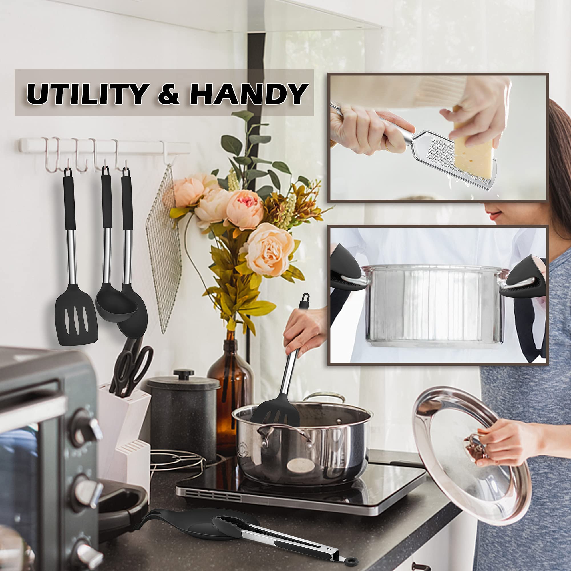 Silicone Kitchen Utensils Set, E-far 30-Piece Cooking Utensils Set with Holder, Heat Resistant Kitchen Spatulas Turner Tong Spoon Whisk Ladle for Nonstick Cookware, Stainless Steel Handle (Black)