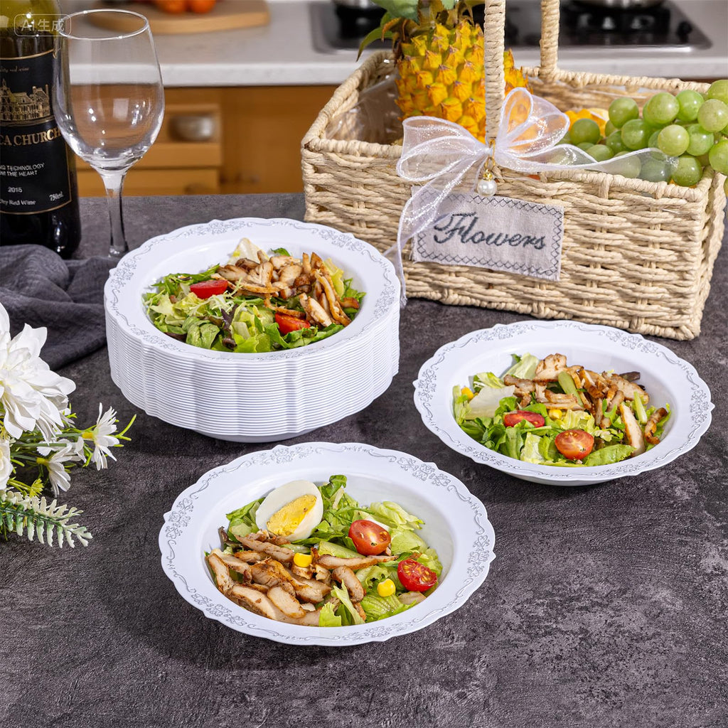 DaYammi 50 Pack Plastic Bowls with Silver Rim, 12oz Disposable Soup Bowls,Silver bowls Disposable Heavy Duty Dinner Bowl for Wedding,Plastic Serving bowls for Parties,Dinners,Catering and Everyday Use