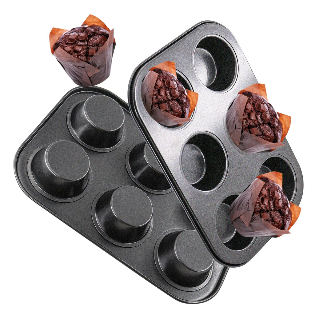DRAONGYE 2 Packs Round Muffin Baking Pan, Premium Steel Muffin Pan for Baking, Cupcake Tin Cheesecake Pans, Bakeware Muffin Top Pan (6 Cups,Black)