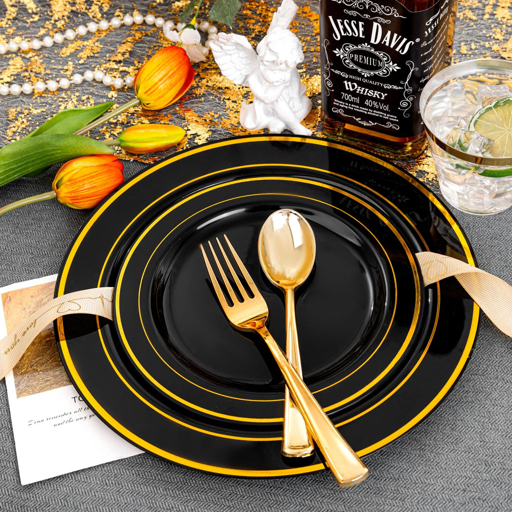 bUCLA 150 Pieces Black and Gold Disposable Dinnerware Set - 25 Guests Black Gold Plastic Plates Include 25 Dinner & 25 Dessert Plates, 25 Spoons, 25 Forks, 25 Knives, 25 Cups for Party & Graduation