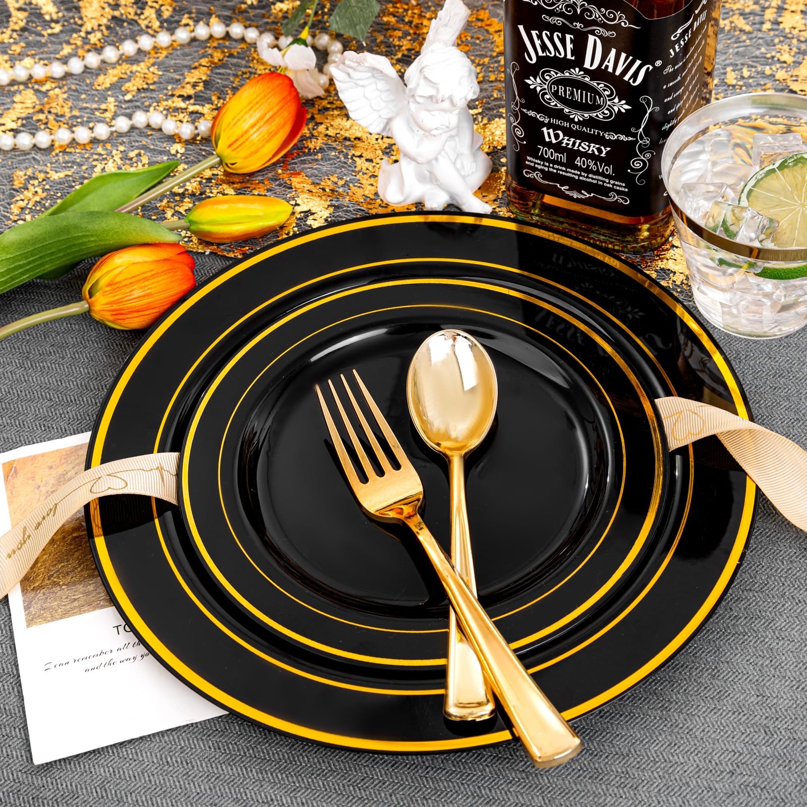 bUCLA 150 Pieces Black and Gold Disposable Dinnerware Set - 25 Guests Black Gold Plastic Plates Include 25 Dinner & 25 Dessert Plates, 25 Spoons, 25 Forks, 25 Knives, 25 Cups for Party & Graduation