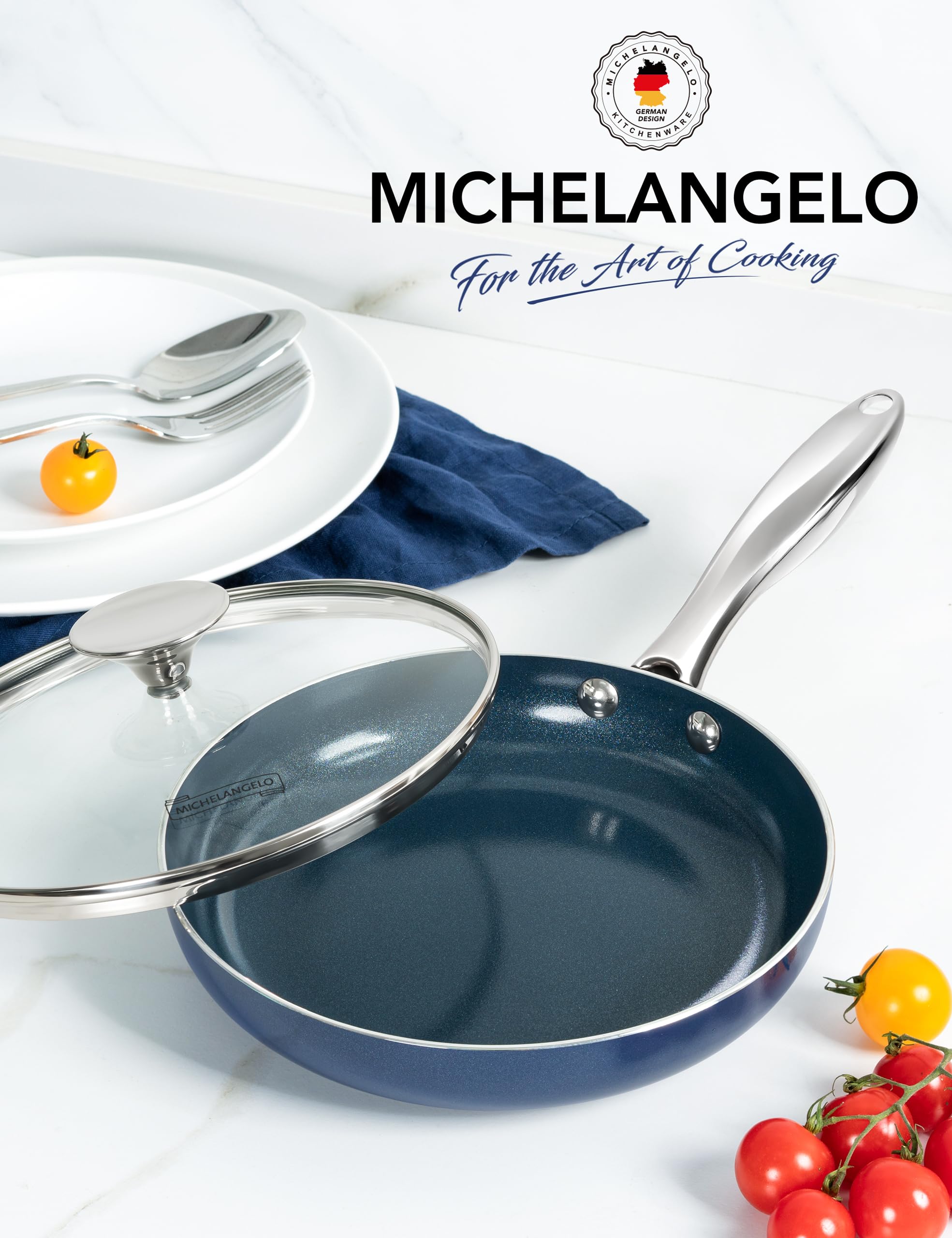 MICHELANGELO 10 Inch Frying Pan with Lid, Blue Frying Pan with Nonstick Diamond Infused Coating, Nonstick Frying Pans, Diamond Fry Pan Blue