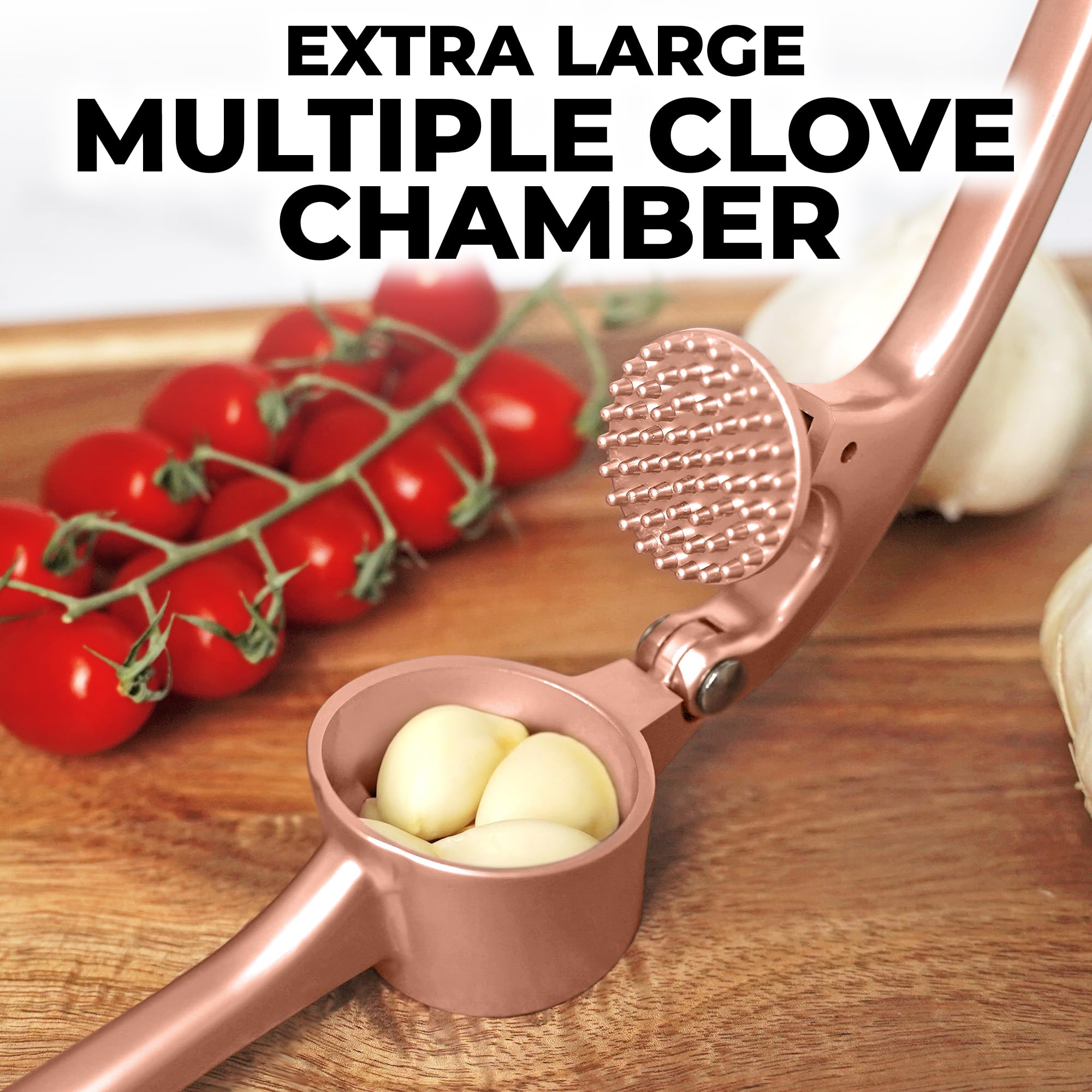 Zulay Kitchen Premium Garlic Press Set - Rust Proof Professional Garlic Mincer Tool - Easy-Squeeze, Easy-Clean with Soft Handle - Silicone Garlic Peeler & Brush (Rose Gold)