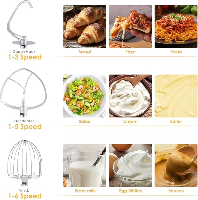 Biolomix Kitchen Electric Stand Mixer, 6 Speed Tilt Head Food Mixer with 6.5 QT Stainless Steel Bowl, Dough Hook, Flat Beater, Whisk and Anti Splash Cover (6.5 QT, Light Silver)