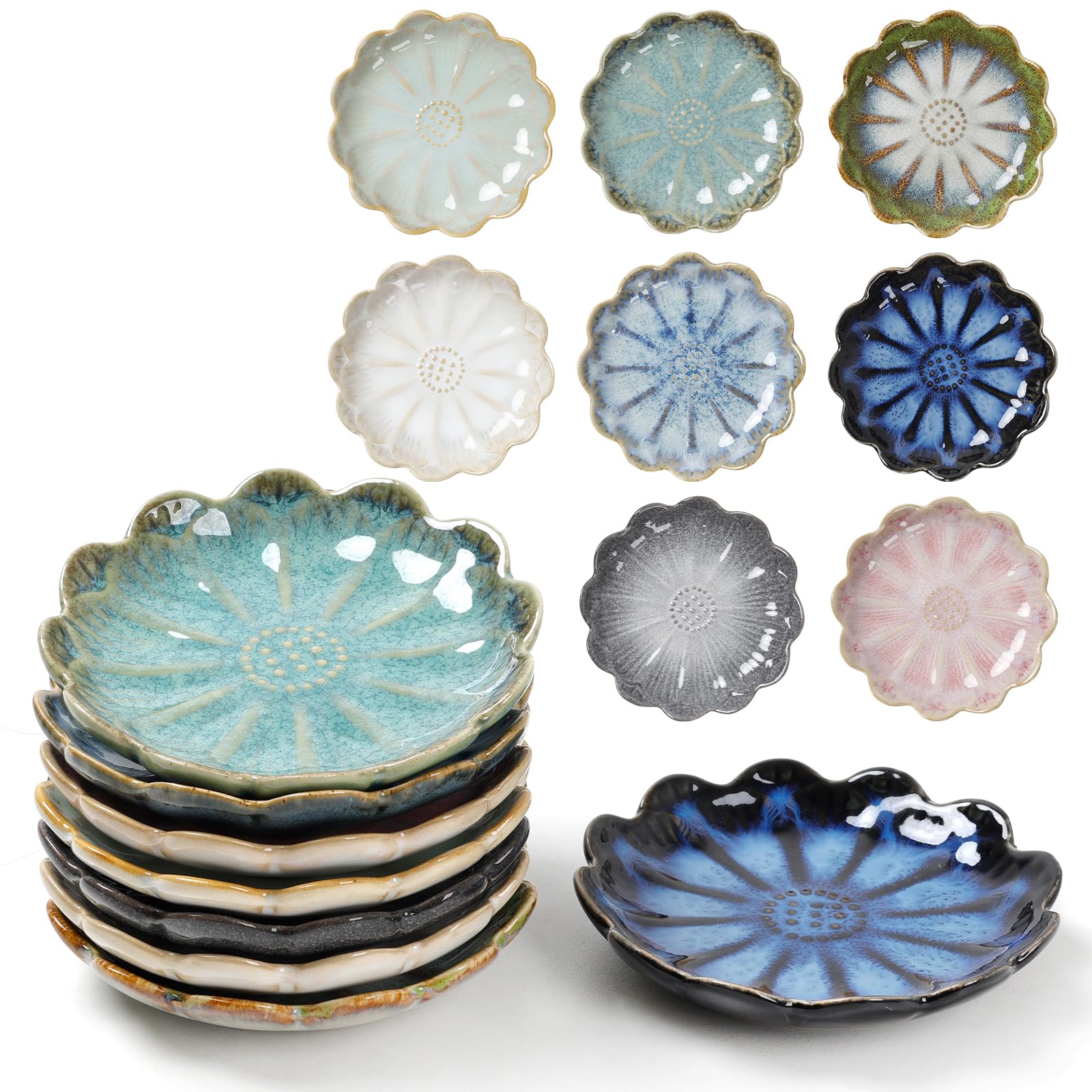 ZEBERBO Ceramic Dipping Bowls Set of 8, 3 oz Sauce Cups, Chrysanthemum Round Small Side Dish for Sushi, Tomato, Soy Sauce, Condiment Finger Bowls