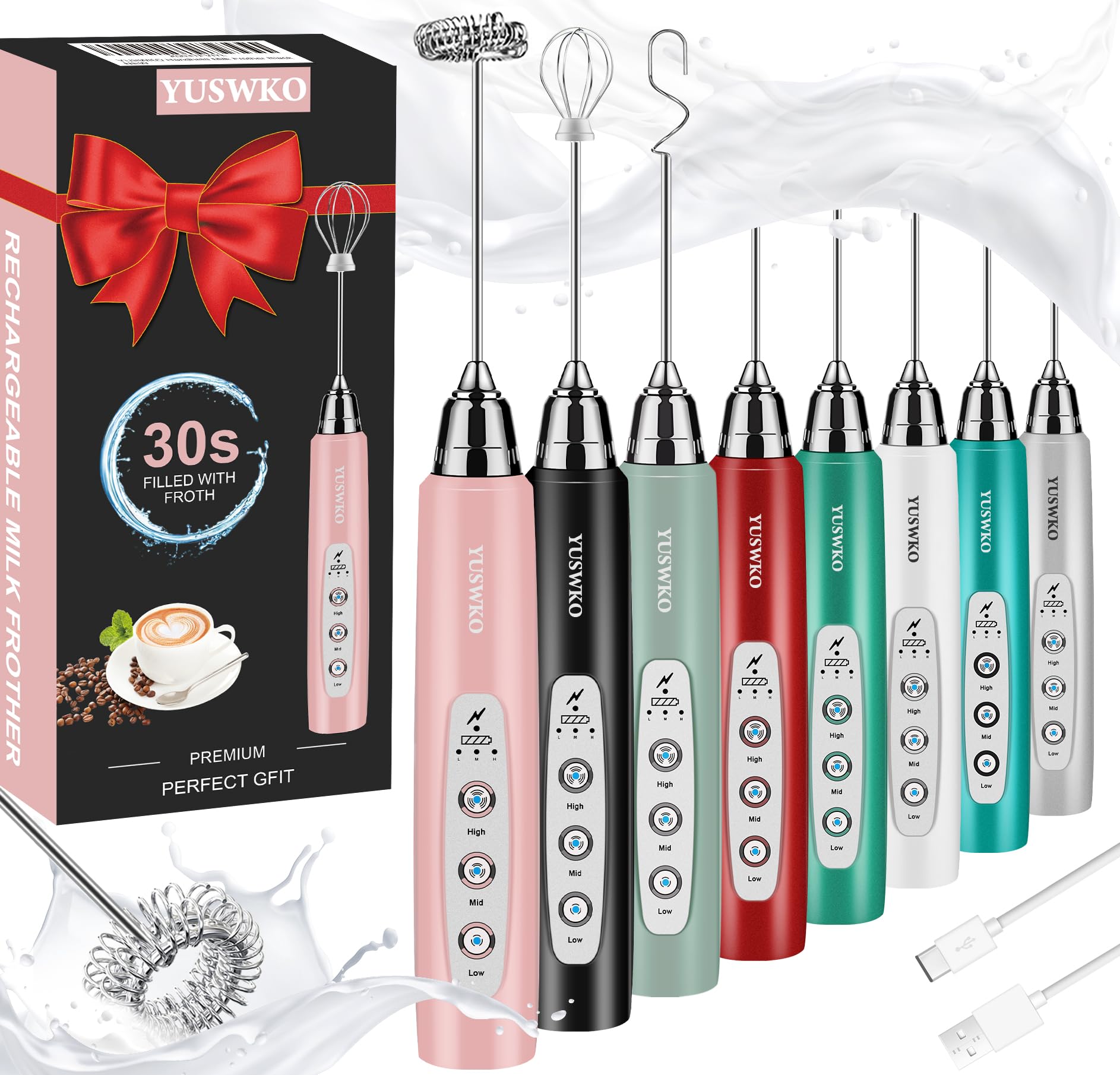 YUSWKO Handheld Milk Frother Wand for Coffee, Rechargeable Electric Whisk with 3 Heads 3 Speeds Drink Mixer Coffee Frother For Latte, Cappuccino, Hot Chocolate, Egg, Pink