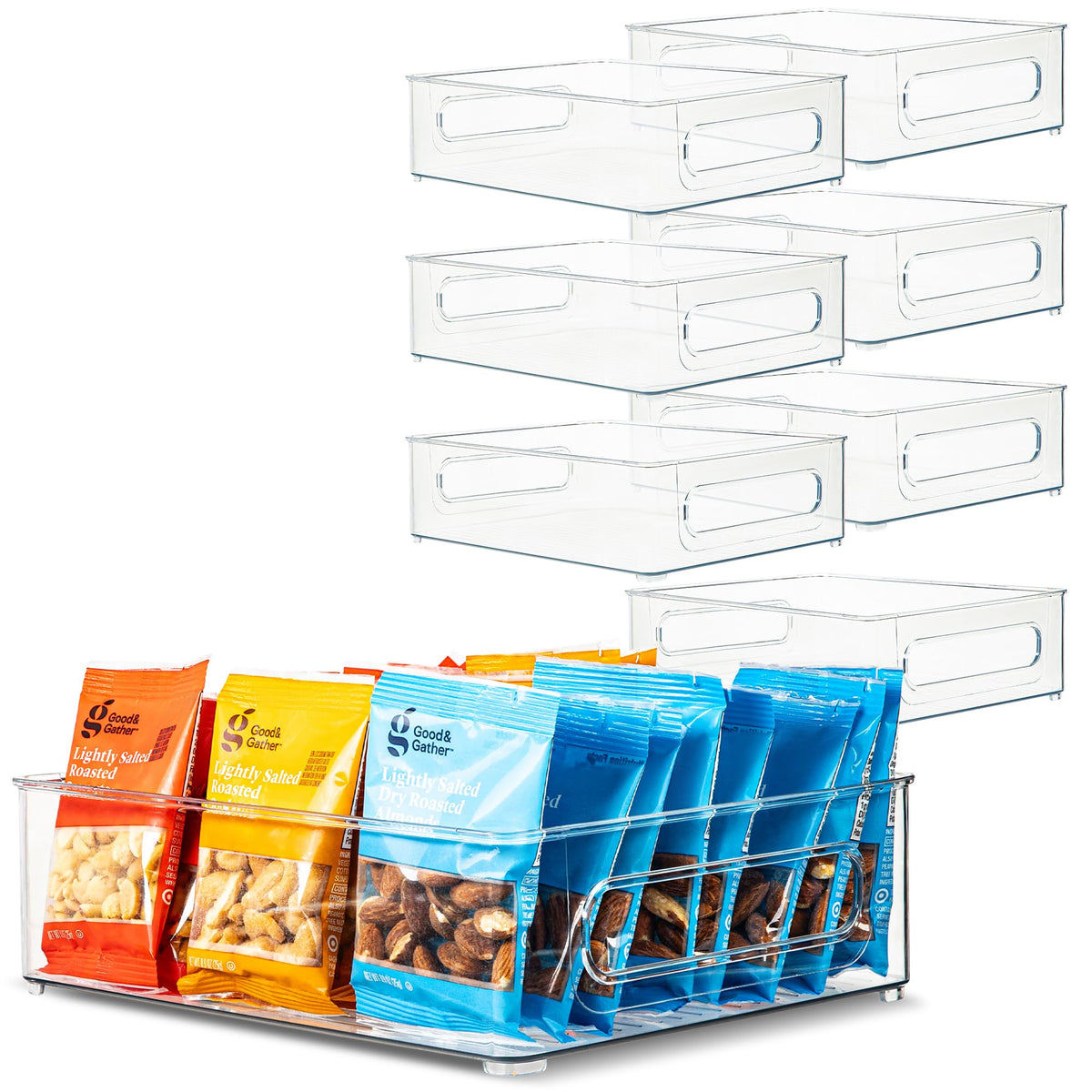 Plastic Food Storage 2 Pack Clear Container Bin with Handles for Organizing Kitchen, Pantry, Refrigerator, Freezer, Pantry, Cabinet, Closet, Bathroom. 16”x8”x5”