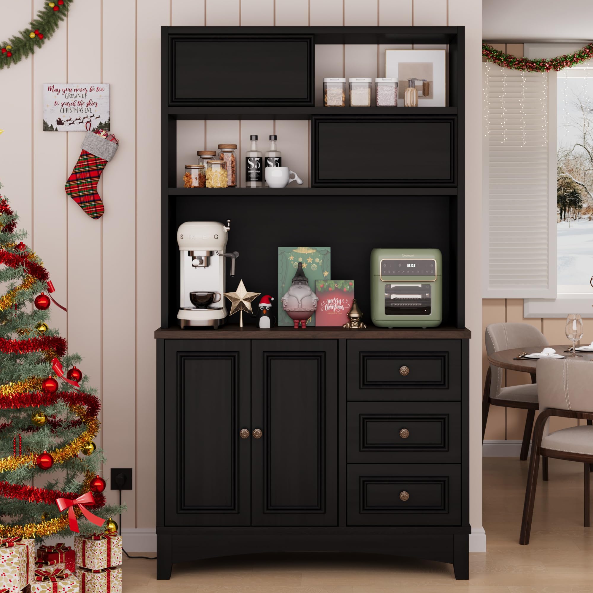 BOSHIRO 71" Black Pantry Cabinet with Charging Station, 4-Type Storage & Anti-Tip Design, Kitchen Cabinet with Sliding Door/Adjustable Shelves