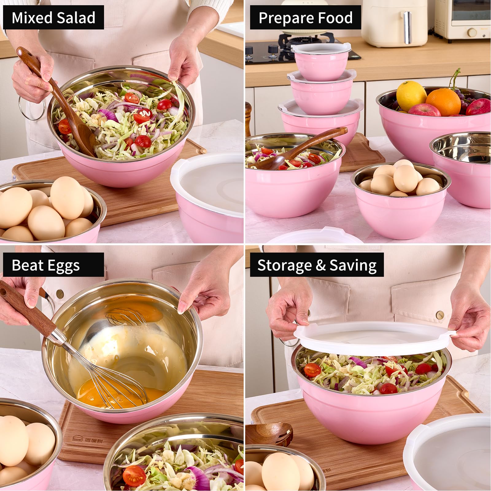 LKTDYMEG Pink Mixing Bowls with Lids Set of 7, Stainless Steel Nesting Bowl with Khaki Lid for Non-slip Mixing Prepping Storing Serving, 7 Sizes-7/3.6/2.7/2.1/1.5/1/0.8 QT