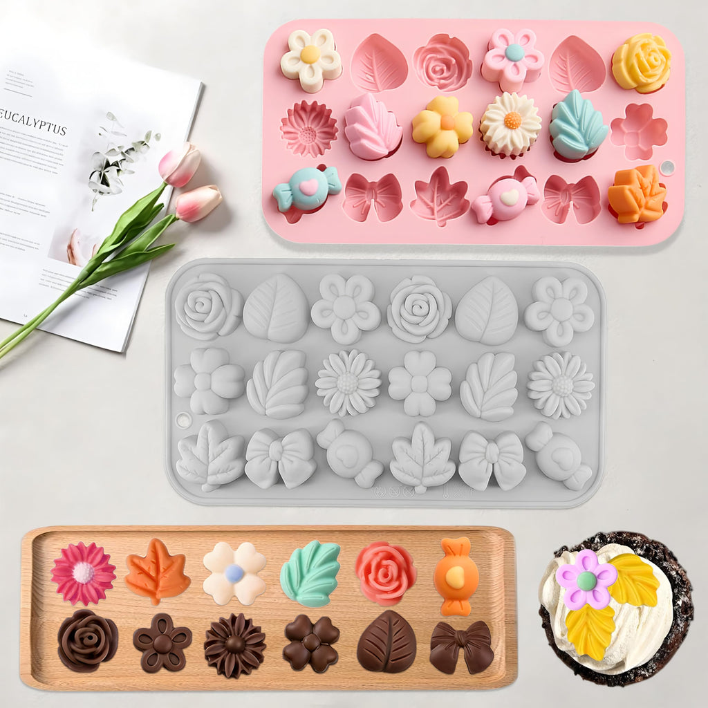 2PCS Silicone Flower Molds,Flower Chocolate Mold,Rose Leaf Tulip Daisy Bow Tie Candy Molds Silicone Gummy Jello Ice Cube Baking Soap Pudding Cookie Molds for Desserts Making,Cupcake Toppers,Cake Decor