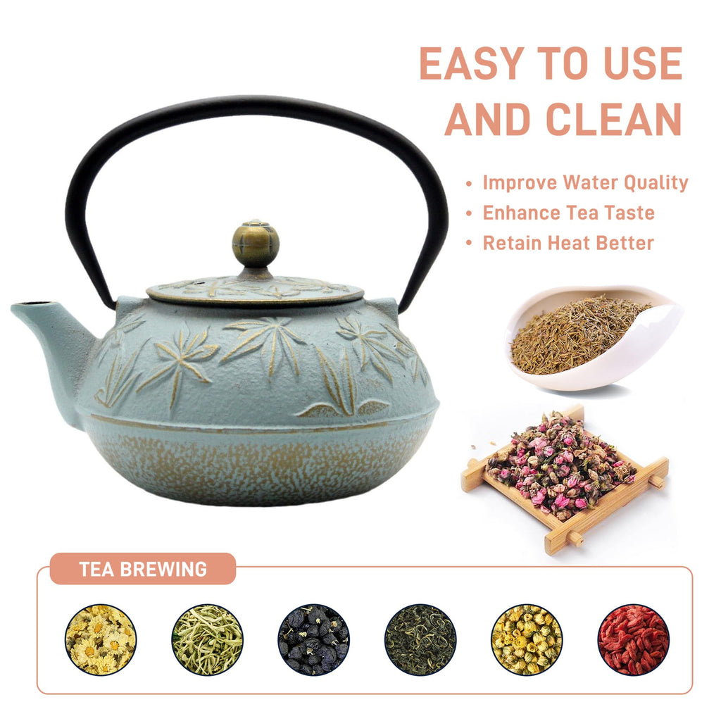 SECHUDO Cast Iron Teapot Tea Kettle with Stainless Steel Infuser for Stovetop Safe Coated with Enameled Interior Japanese Tetsubin with Maple Leaves Pattern(30.4oz/900ml) (Color-5)