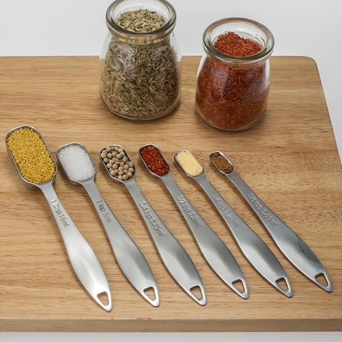 Accurate 18/8 Stainless Steel Measuring Spoons, Heavy Duty Good Handle Set of 6 Measuring Spoon with Ring Connector, Silver