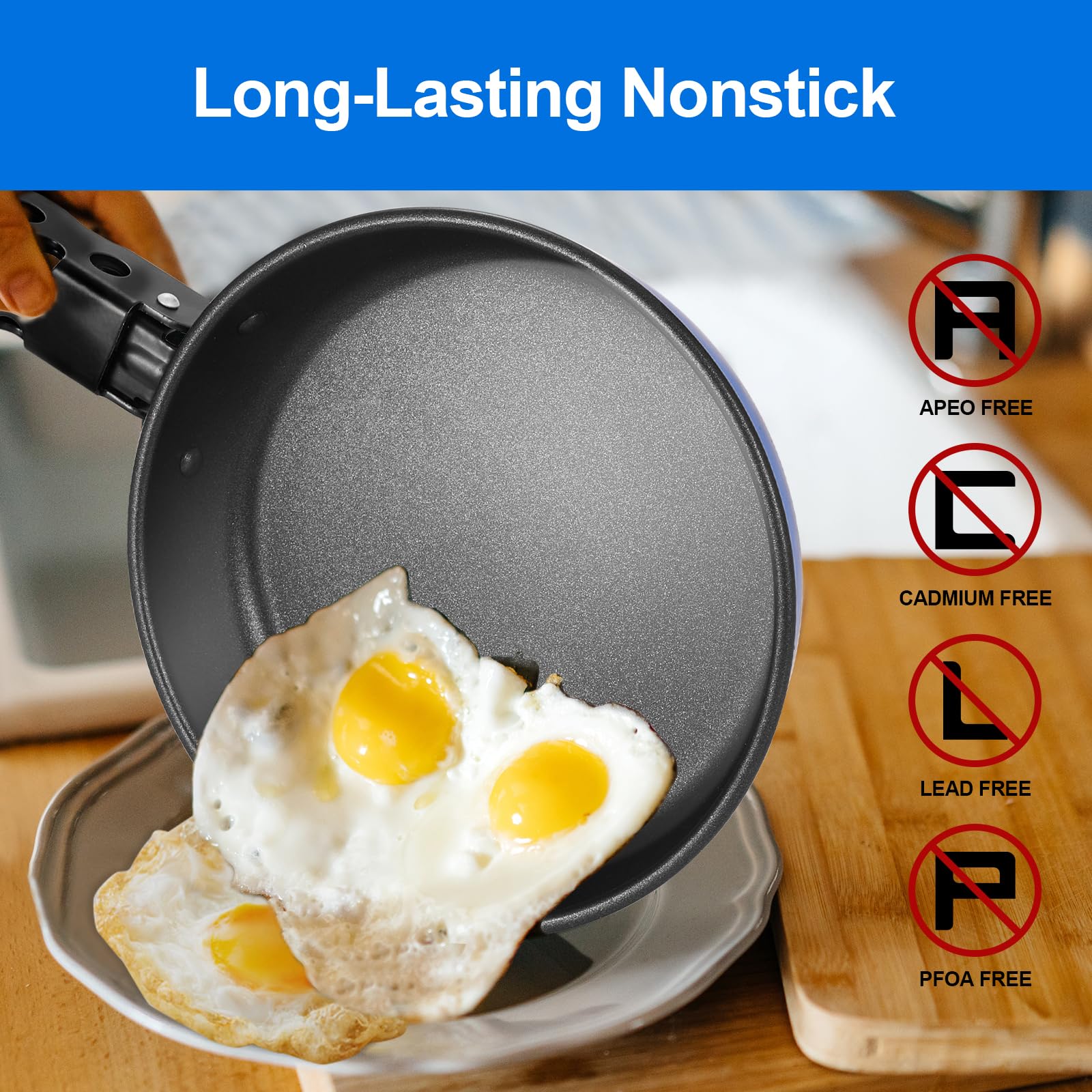 Odoland 5pcs Camping Cookware Non-Stick Camping Pot and Pan Set with Kettle and Removable Handle for Hiking Backpacking and Picnic(Blue)