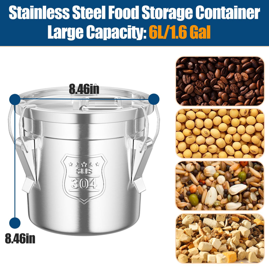1.6Gal/6L 304 Stainless Steel Food Storage Container with Lid Lock Clips