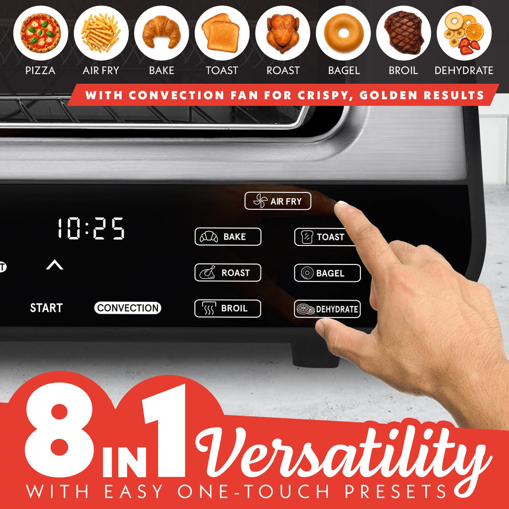 Gourmia Electric Indoor Pizza Oven – Countertop Air Fryer Toaster Oven Combo with 6 Pizza Presets, 7 Cooking Functions, Air Fry, Broil & Bake, Includes Cordierite Pizza Stone, Stainless Steel