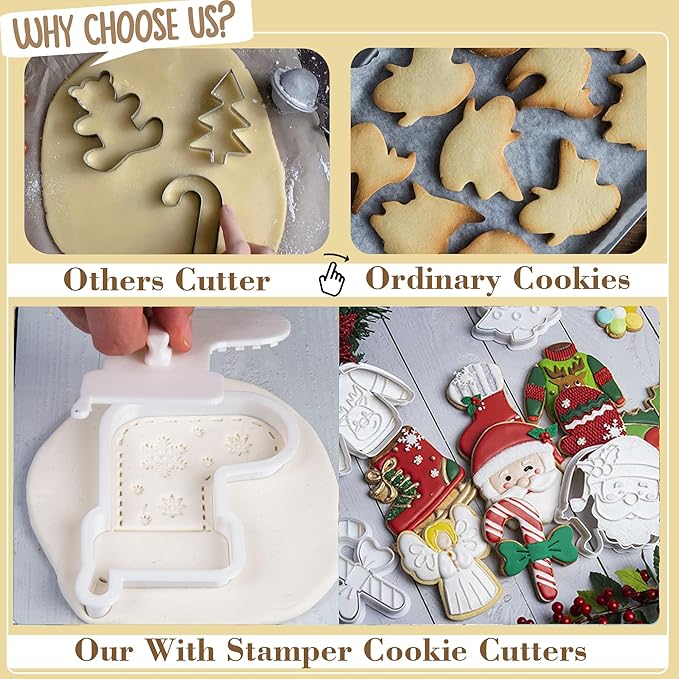 Flycalf Christmas Cookie Cutters Santa Gift with Plunger Stamps Holiday PLA Baking Accessories Cutter Molds Gifts Decorative Party 3.5" Kitchen Cake Supplies