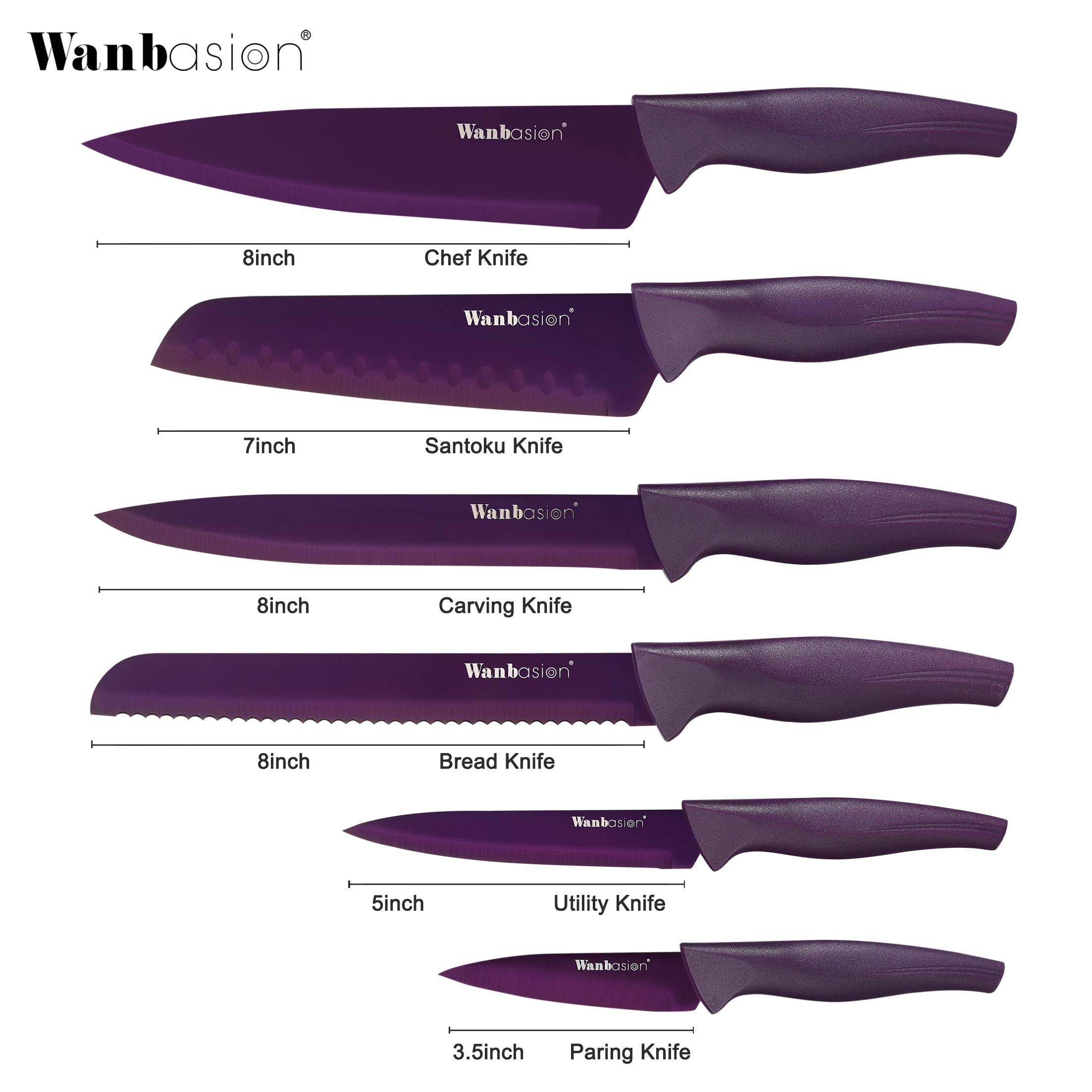 Wanbasion Purple Professional Kitchen Knife Chef Set, Stainless Steel, Dishwasher Safe with Covers