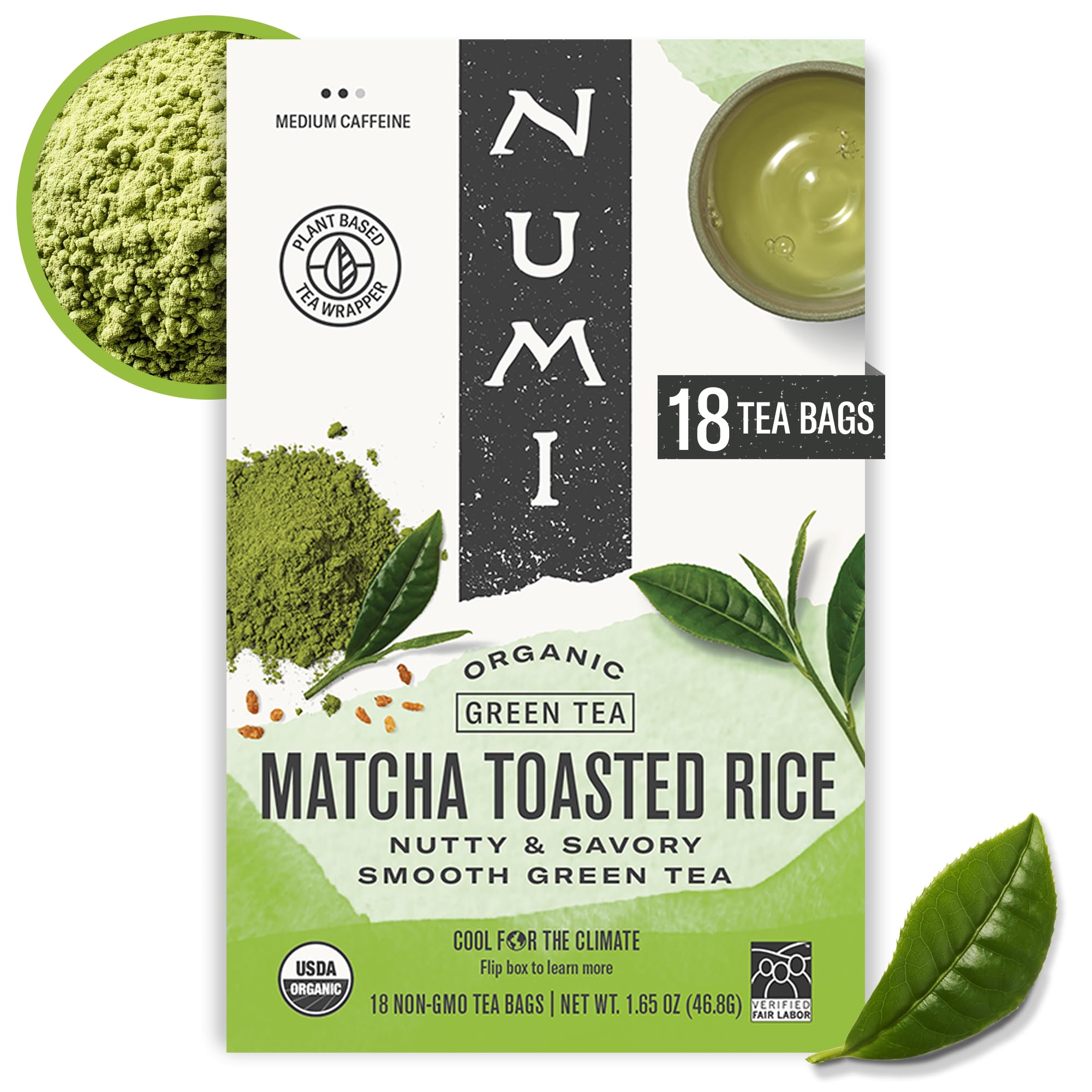 Numi Organic Matcha Toasted Rice Tea, 18 Green Tea Bags, Medium Caffeine