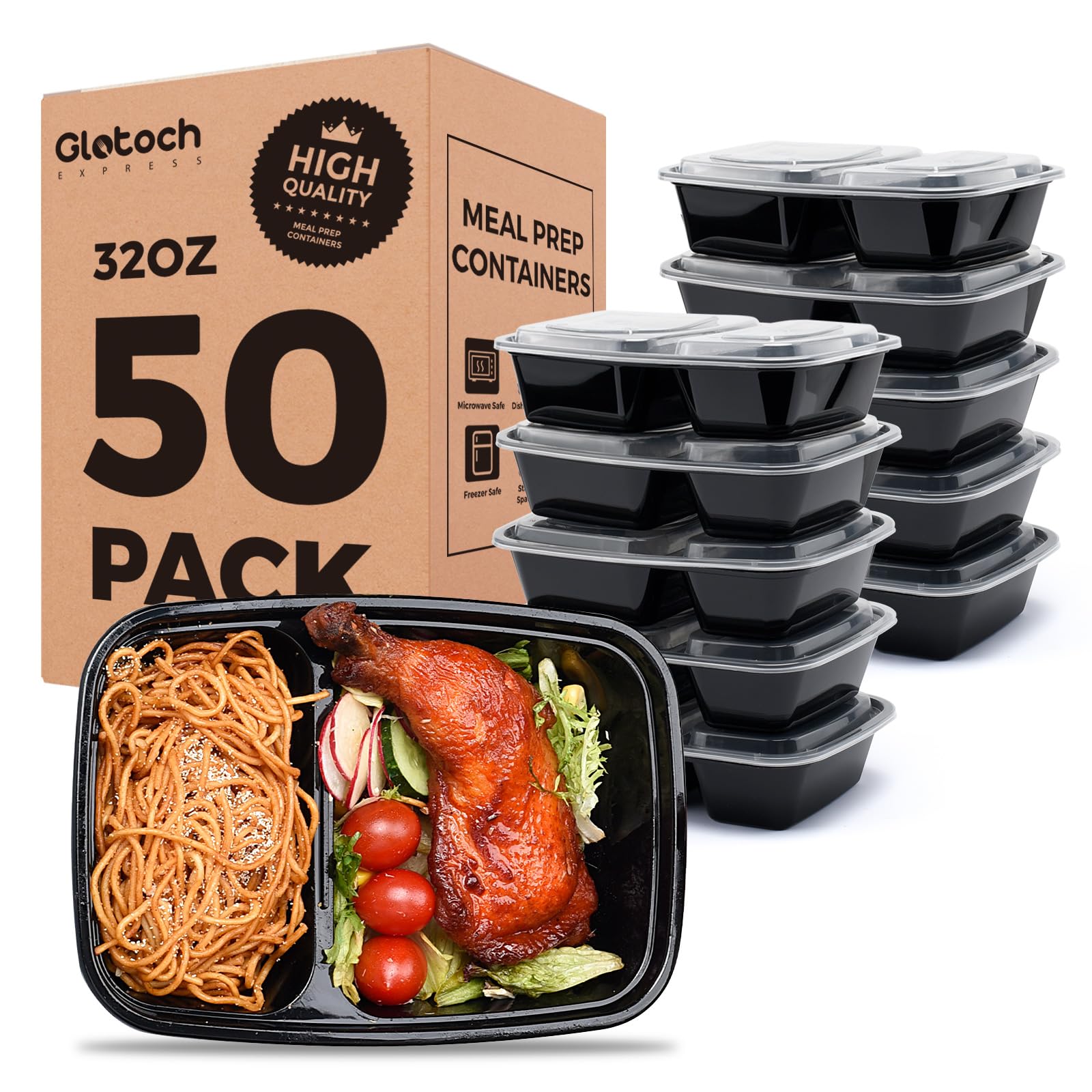Glotoch 50 Pack(100-Piece)32oz 2-Compartment Meal Prep Containers with Lids