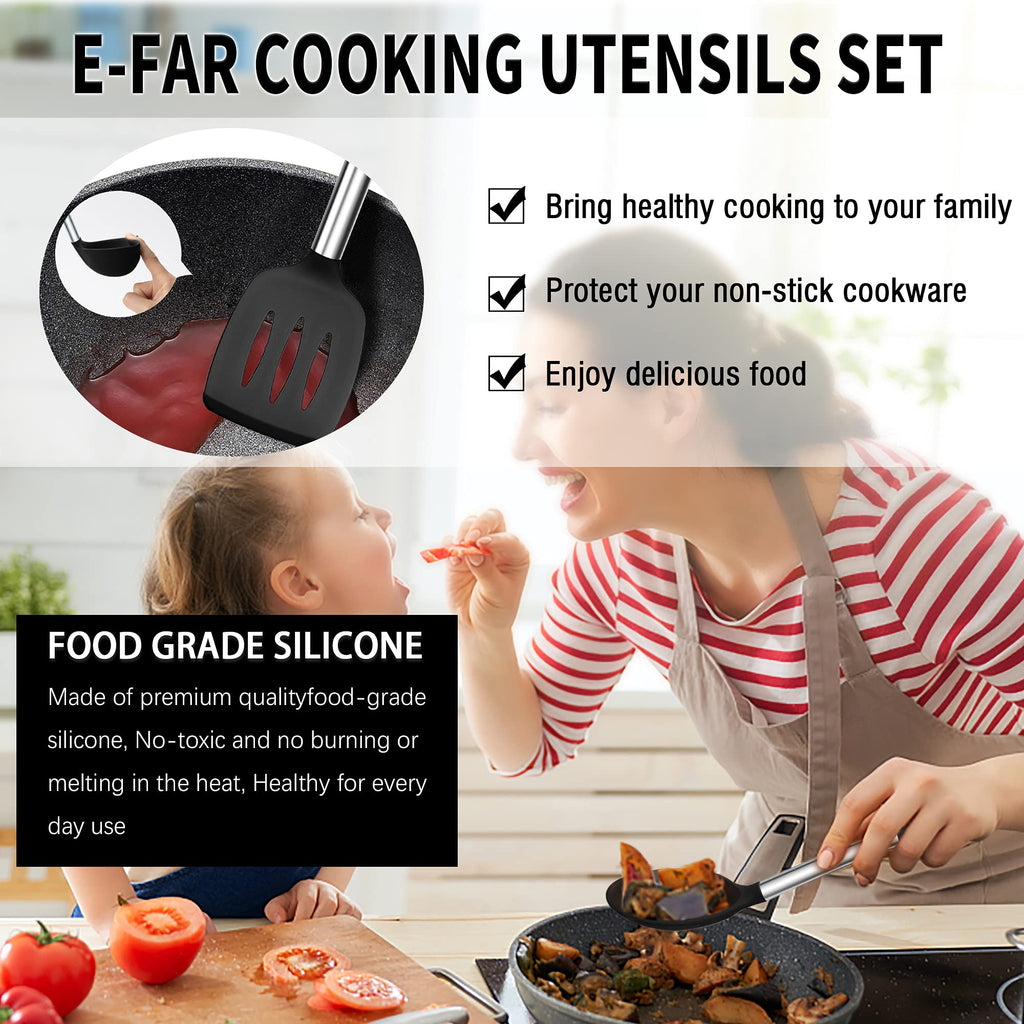 Silicone Kitchen Utensils Set, E-far 30-Piece Cooking Utensils Set with Holder, Heat Resistant Kitchen Spatulas Turner Tong Spoon Whisk Ladle for Nonstick Cookware, Stainless Steel Handle (Black)