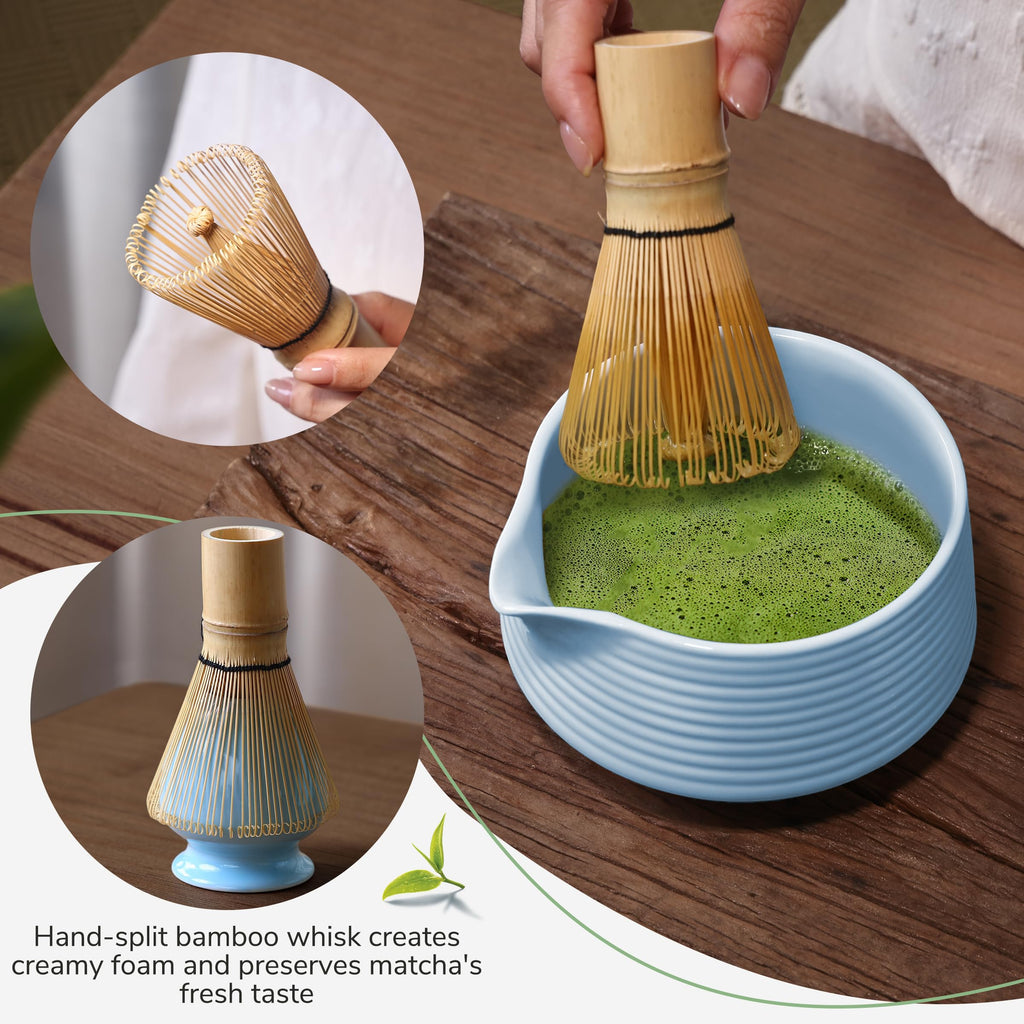 HELPLX Matcha Whisk Set, 10-Piece Japanese Matcha Kit with Bowl, Whisk & Holder, 2 Tea Cups, Bamboo Scoop, Spoon, Sifter, Scoop Rest & Tea Towel – Blue Matcha Tea Set for Ceremony or Daily Use