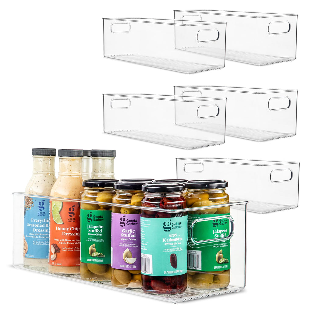 Plastic Food Storage 6 Pack Clear Container Bin with Handles for Organizing Kitchen, Pantry, Refrigerator, Freezer, Pantry, Cabinet, Closet, Bathroom. 16”x6”x5”