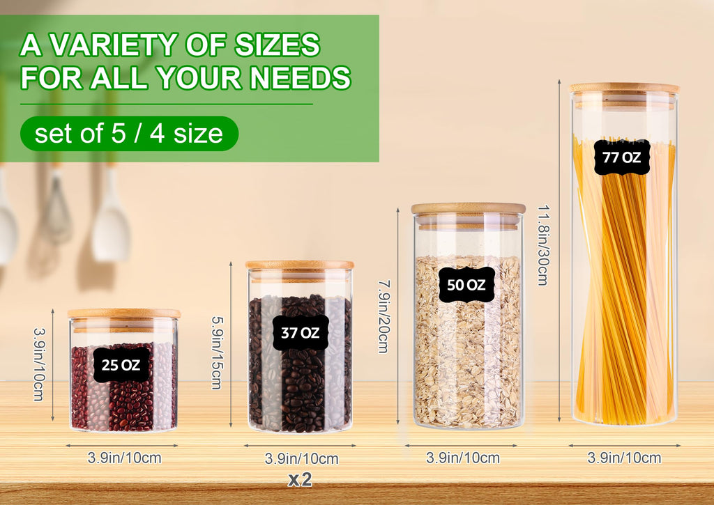 PUSCRIENO Glass Food Storage Jars, Food Containers with Airtight Bamboo Lids for Pasta, Cookies, Nuts, Coffee Beans, Cereal, Glass Canisters for Kitchen, Pantry Organization,Set of 5