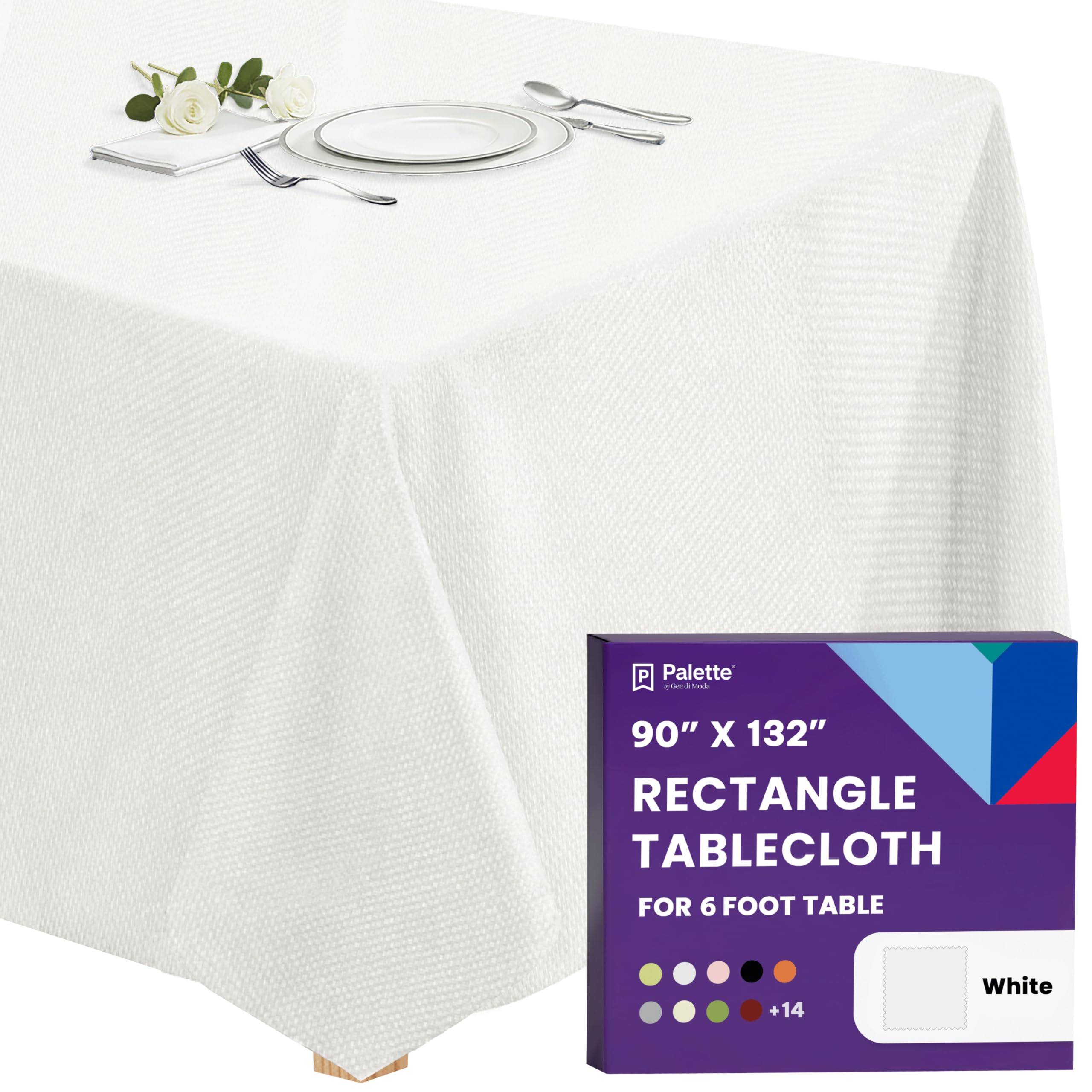 Gee Di Moda Rectangle Tablecloth - 90 x 132 Inch White Table Cloth for 6 Foot Tables with Floor-Length Drop - Heavy Duty Washable Fabric for Holiday Party, Dinner, Weddings & Baby Shower
