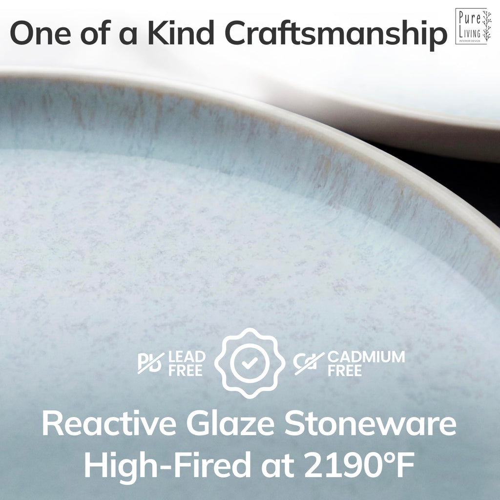 12 Piece Stoneware Dinnerware Set for 4 - Handmade Reactive Glaze Plates and Bowls Set - Chip & Scratch Resistant Dish Set - Dishwasher Microwave Safe - Light Beige & Blue